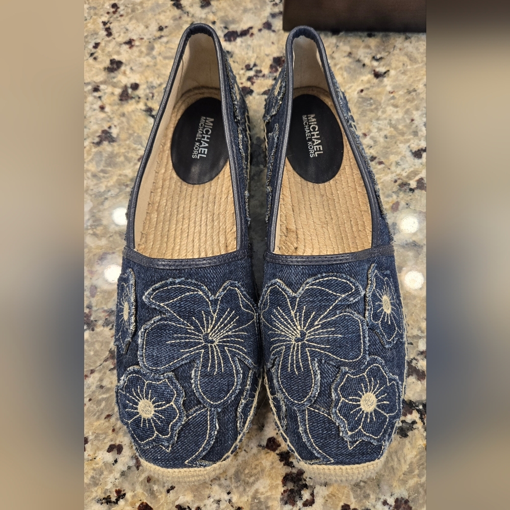 Michael Kors Kendrick Slip-on Espadrille Flats Dark Denim Floral Appliques 8.5 M